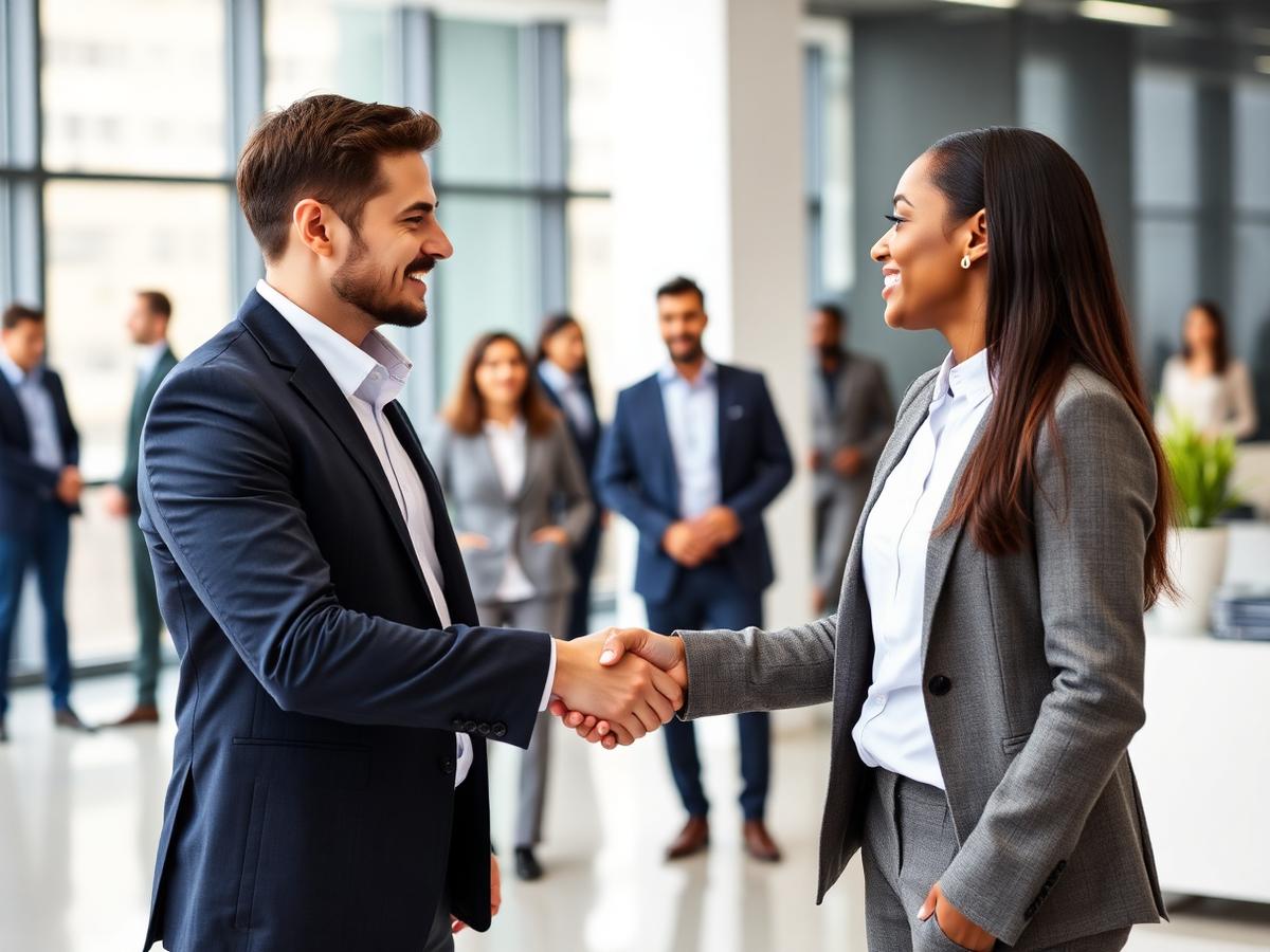 Recruiter shaking hands with a candidate in a modern office