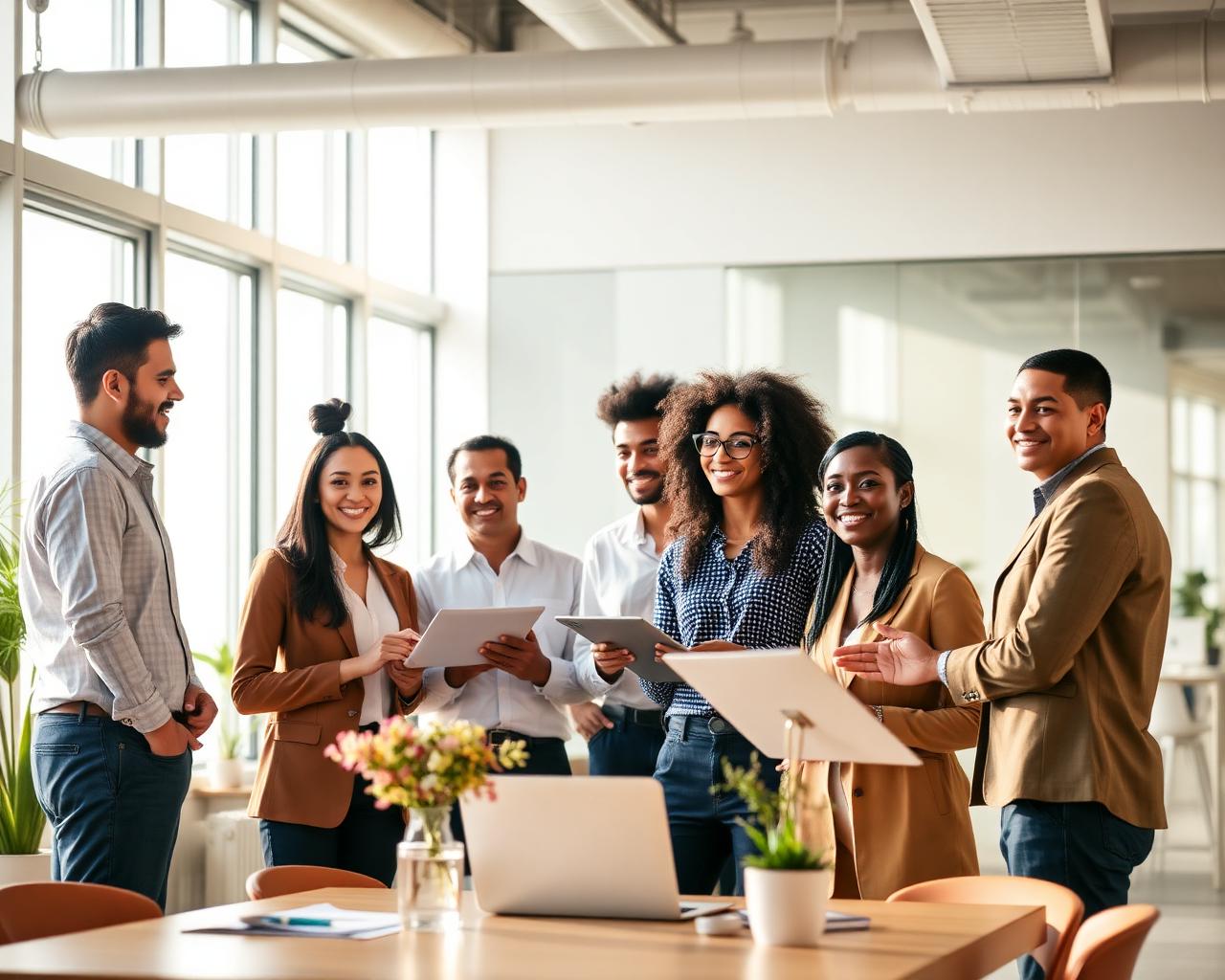 Diverse multicultural professionals collaborating in a modern international office