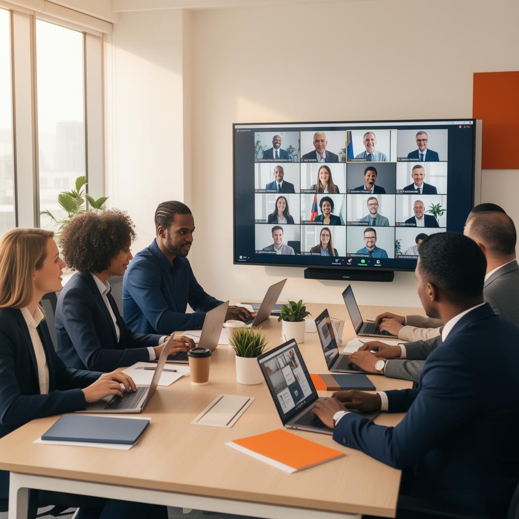 Multicultural team collaborating remotely in a professional international environment
